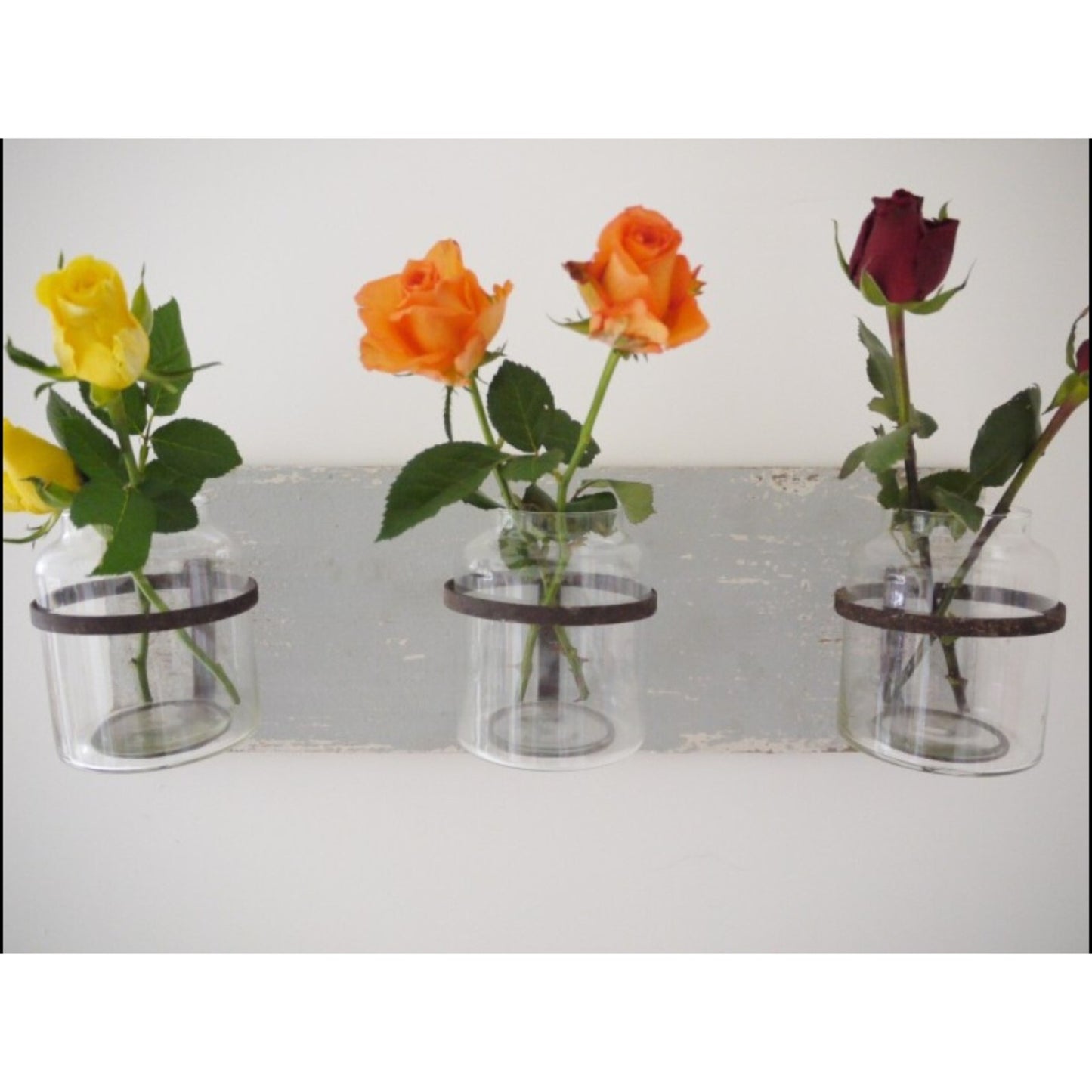 3Pc Glass Jars on Wooden Base Wall Mounted Flower Holder Vase Home Decor Gift