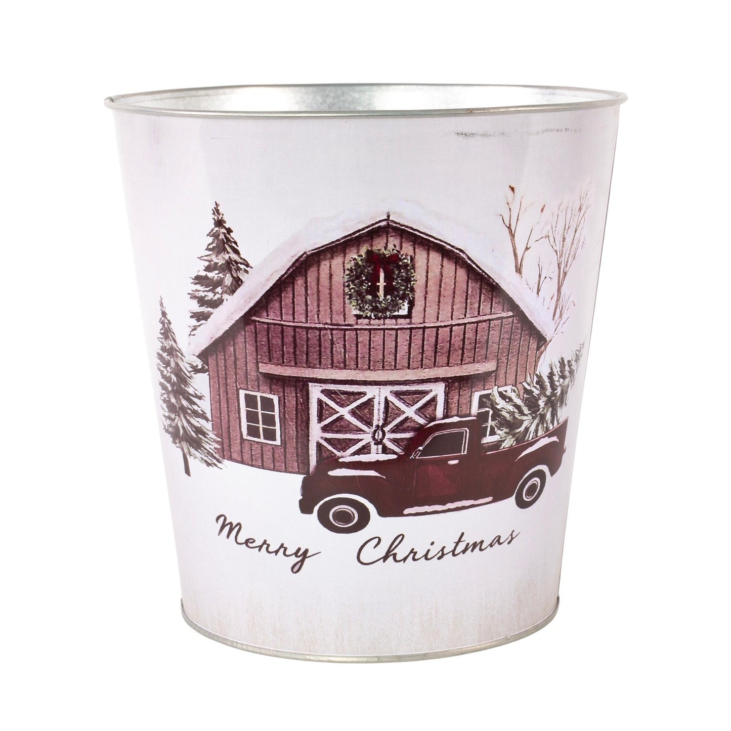 Metal Merry Christmas Car Scene Tin Pail 16cm Plant Pot Festive Xmas Planter