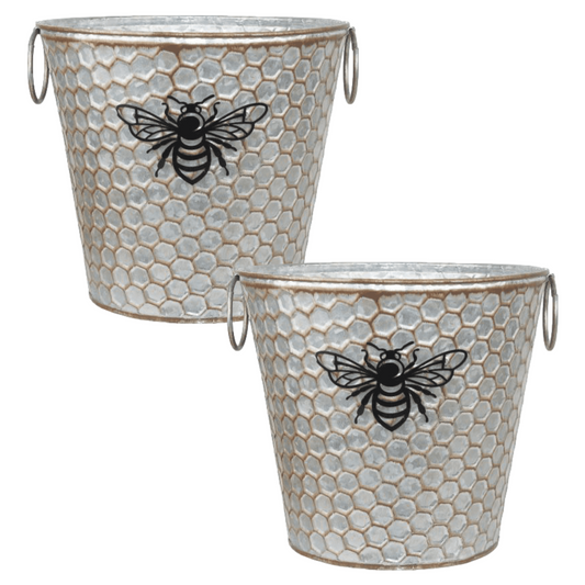 2Pcs 20cm Metal Honey Comb Bumble Bee Plant Pot Tin Pail Planter Gold Decor