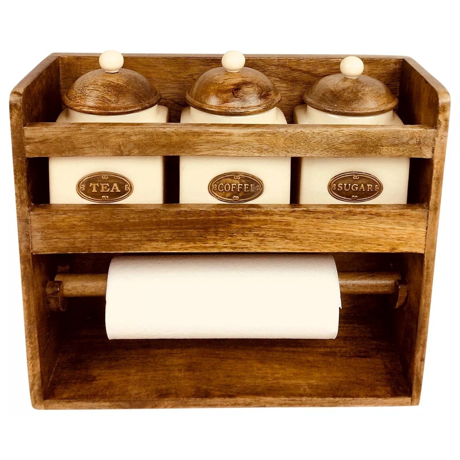 Rustic Wooden Kitchen Wall Rack 3 Ceramic Tea Coffee Sugar Jars Paper Roll Bar