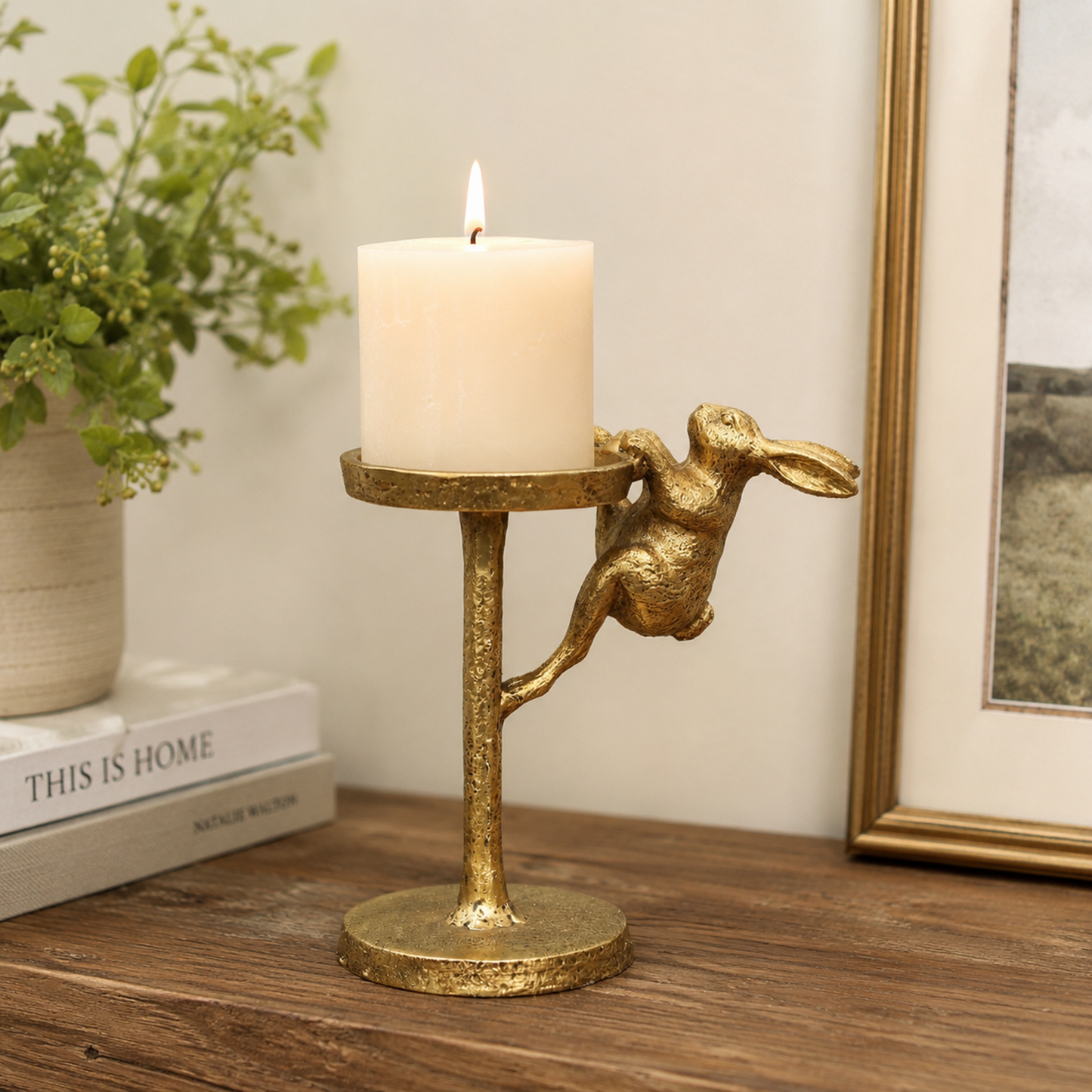 Cast Iron Hare Pillar Candle Holder Antique Gold Rabbit Candle Stand Ornament