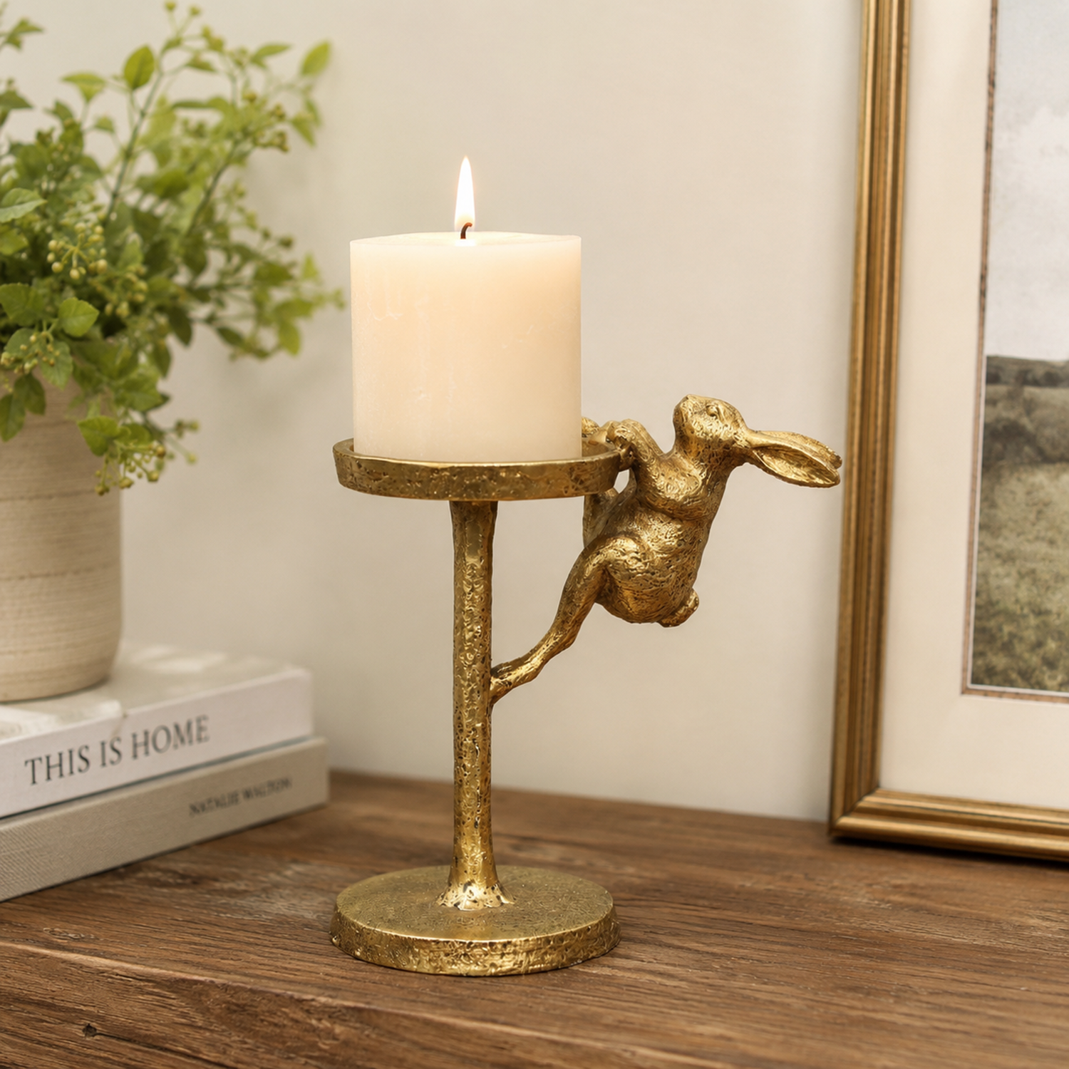 Cast Iron Hare Pillar Candle Holder Antique Gold Rabbit Candle Stand Ornament