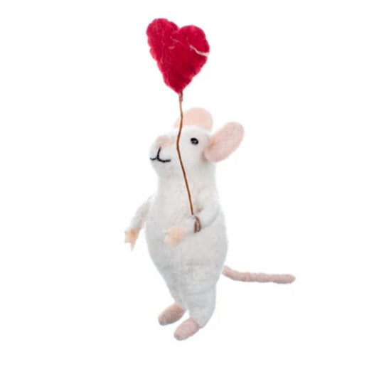 Joe Felt White Mouse Shoeless Red Heart Felt Wool Ornament Figurine