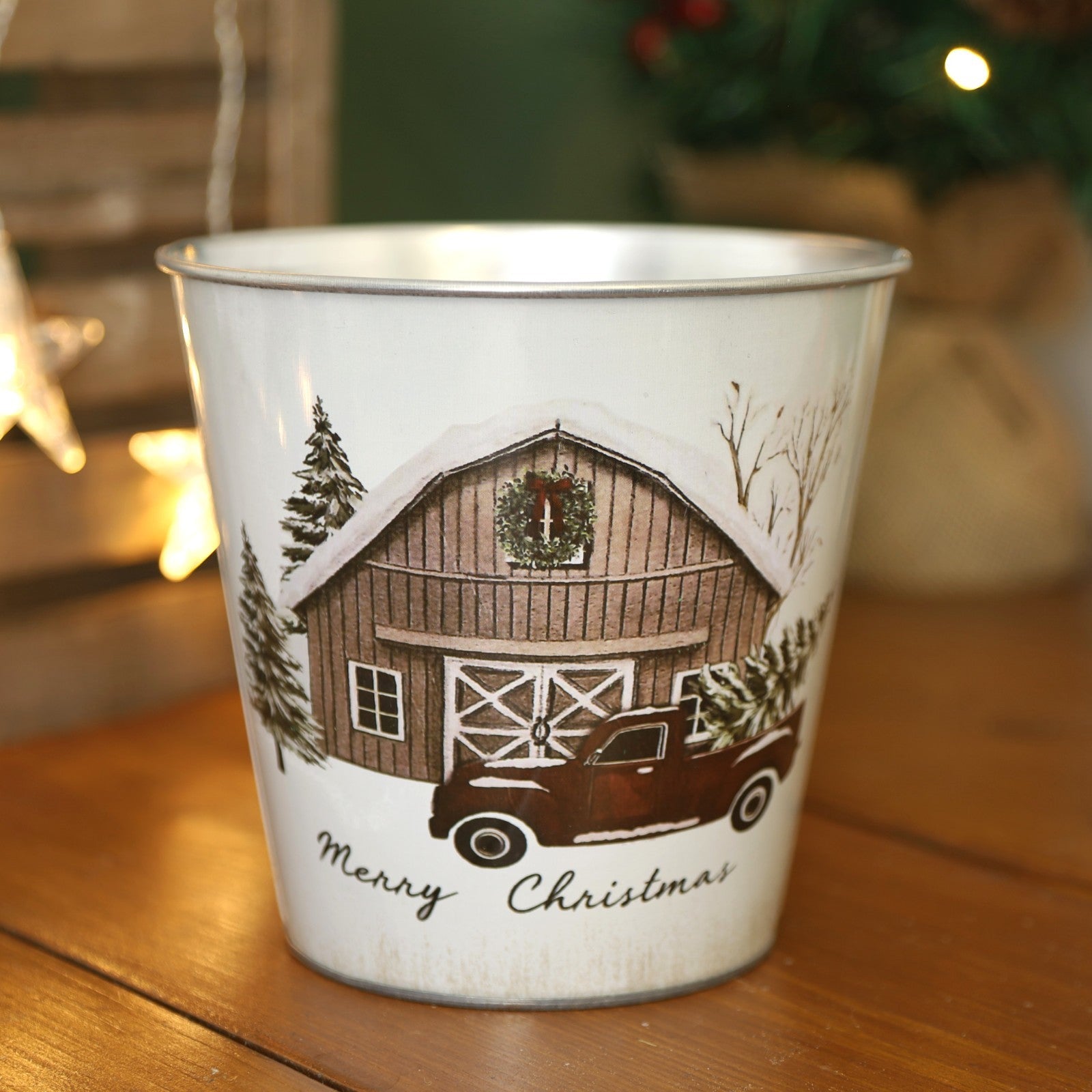 Metal Merry Christmas Car Scene Tin Pail 16cm Plant Pot Festive Xmas Planter