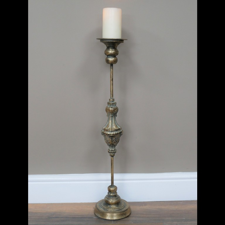 Gold Metal Tall Candle Holder Antique 68cm High Vintage Floor Stand Brass Effect