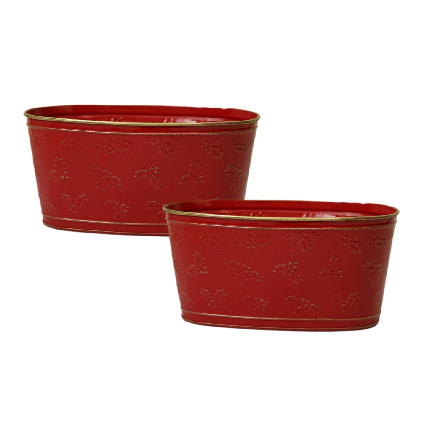 Red Metal Trough Holly Embossed Planter 23cm Gold Rim Christmas Festive Xmas Pot