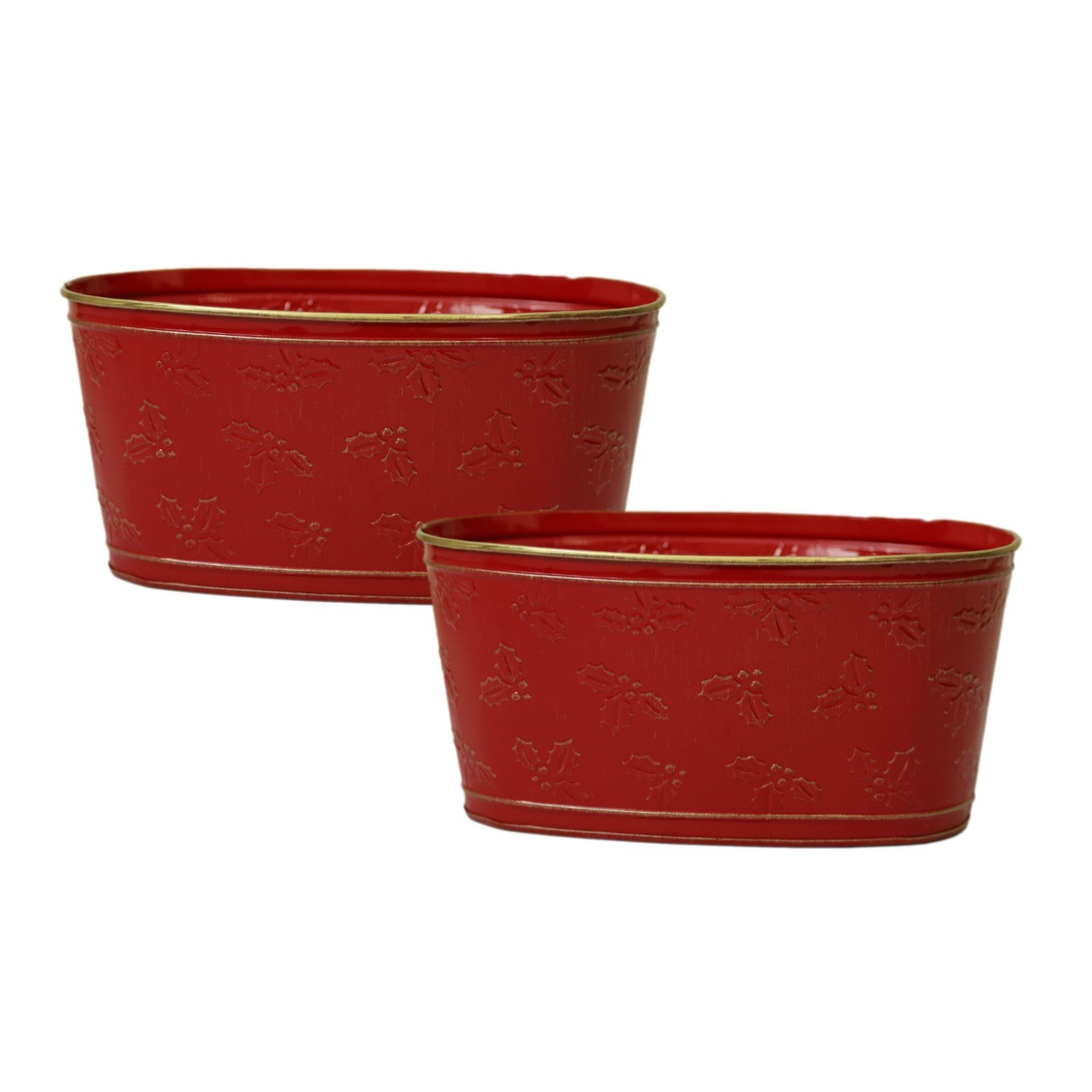 Red Metal Trough Holly Embossed Planter 23cm Gold Rim Christmas Festive Xmas Pot
