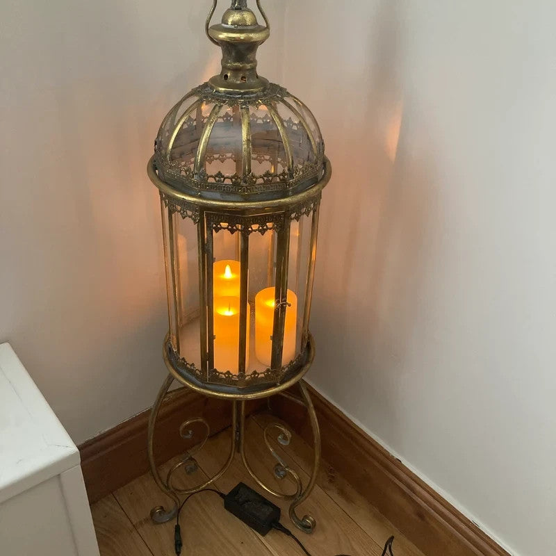 Gold Lantern on Stand Vintage Tall Rustic Antique Style Home Candle Holder Gift
