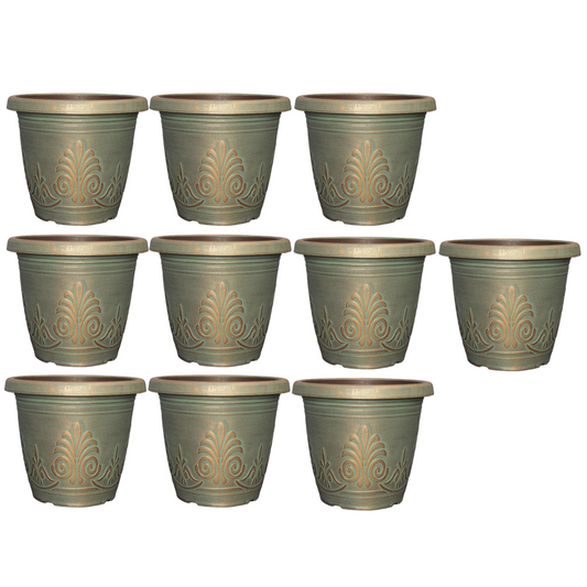 1.9L Copper Green Plastic Plant Pot 16cm Metallic Round Garden Planter Set of 10
