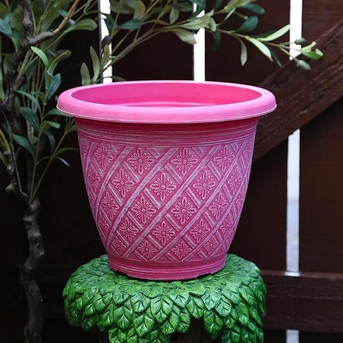 2Pc Round Plastic Plant Pot 40cm Raspberry Pink 23L Woven Flower Garden Planter