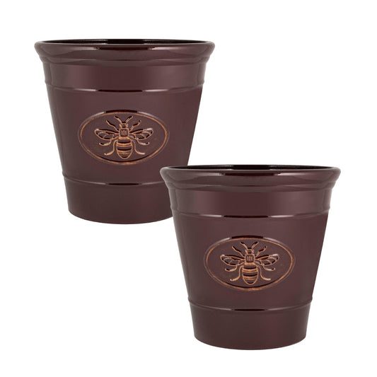 2Pc Plastic Plant Pot Bee Embossed 23cm Flower Pot 6L Glossy Garden Planter