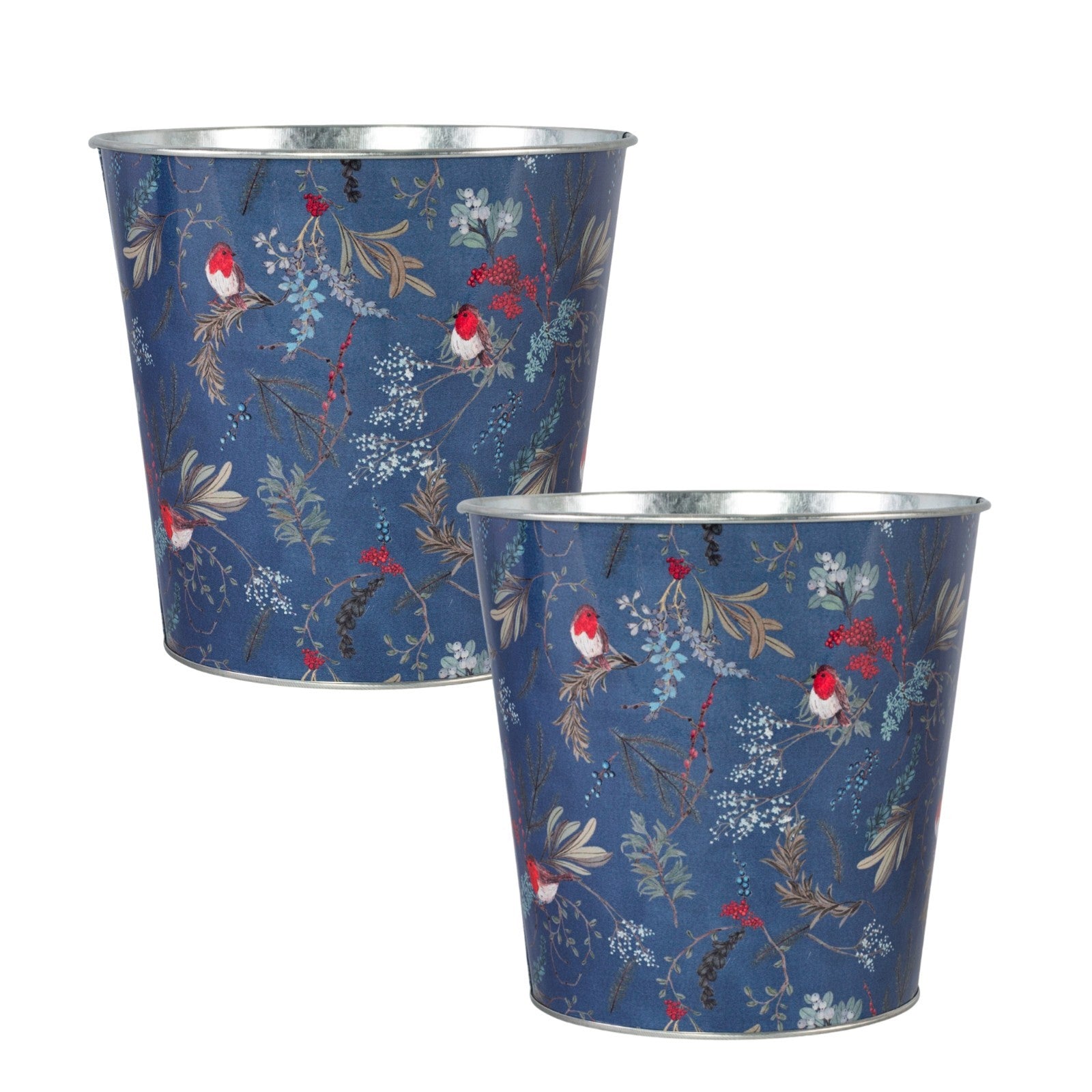 Tin Pail Robin Floral Plant Pot 14cm Christmas Metal Planter Xmas Bucket Home