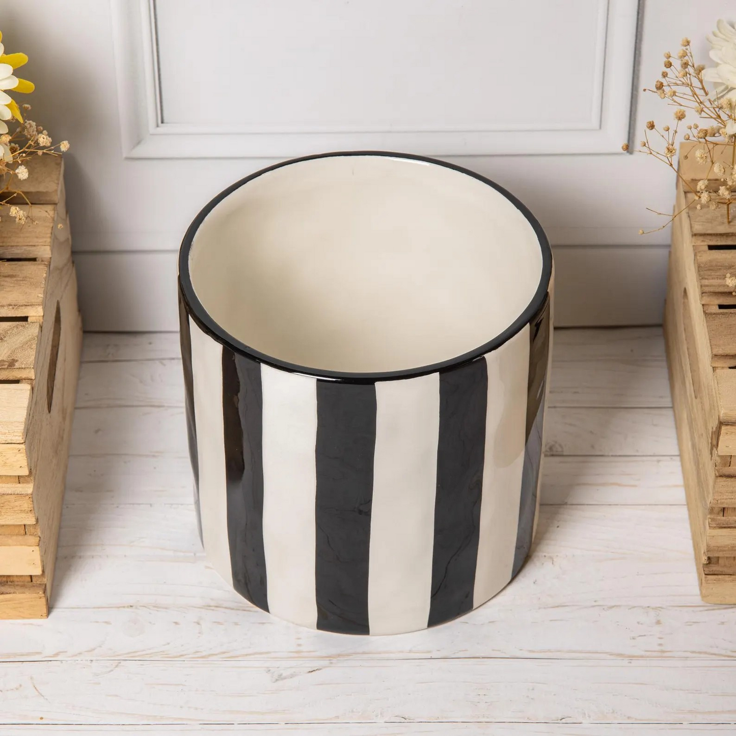 Black White Ceramic Planter 17cm Glazed Plant Pot Cover Cachepot Utensil Holder