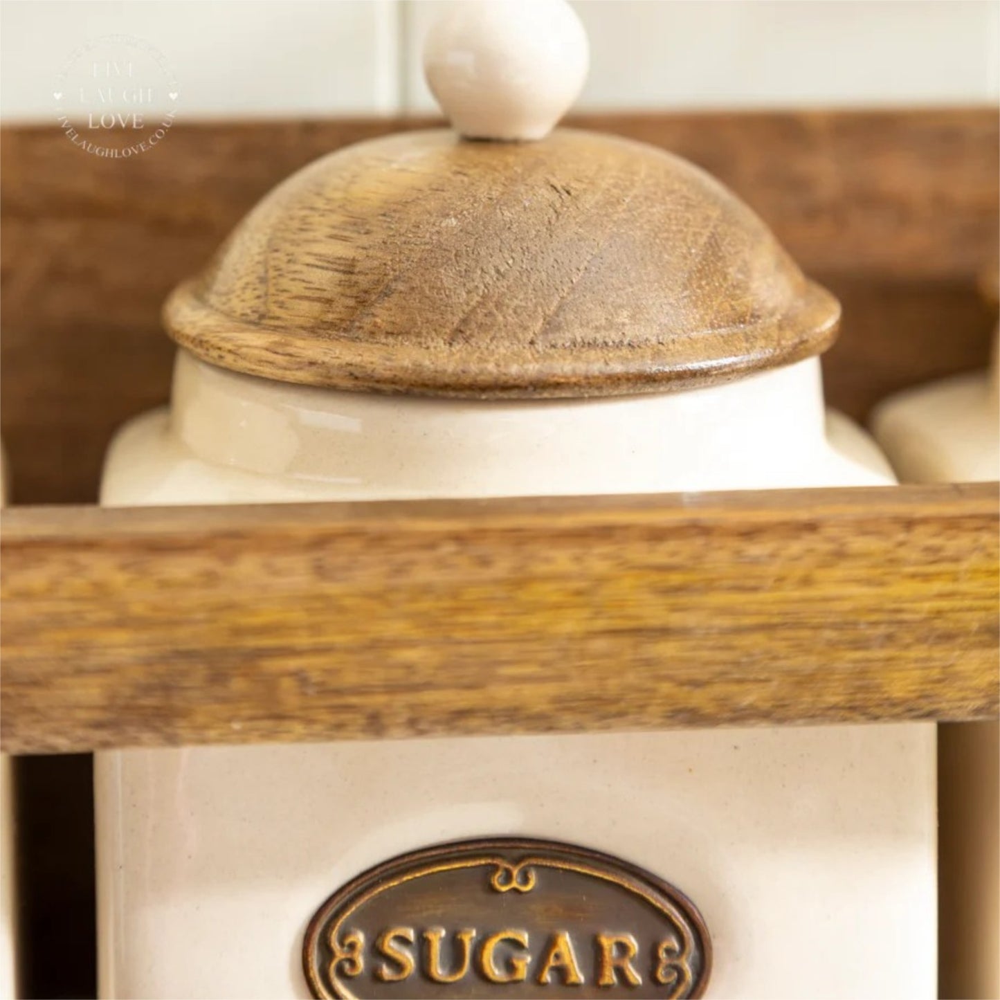 Rustic Wooden Kitchen Wall Rack 3 Ceramic Tea Coffee Sugar Jars Paper Roll Bar