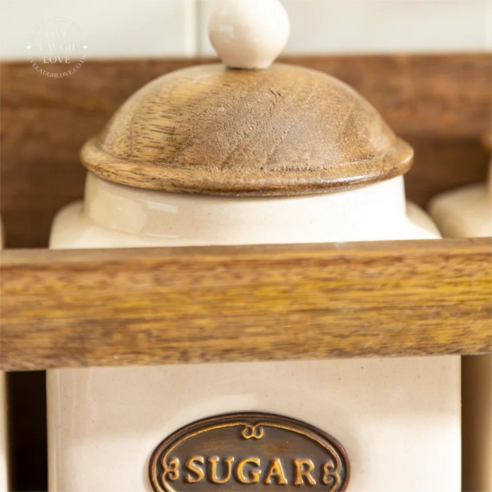 Rustic Wooden Kitchen Wall Rack 3 Ceramic Tea Coffee Sugar Jars Paper Roll Bar