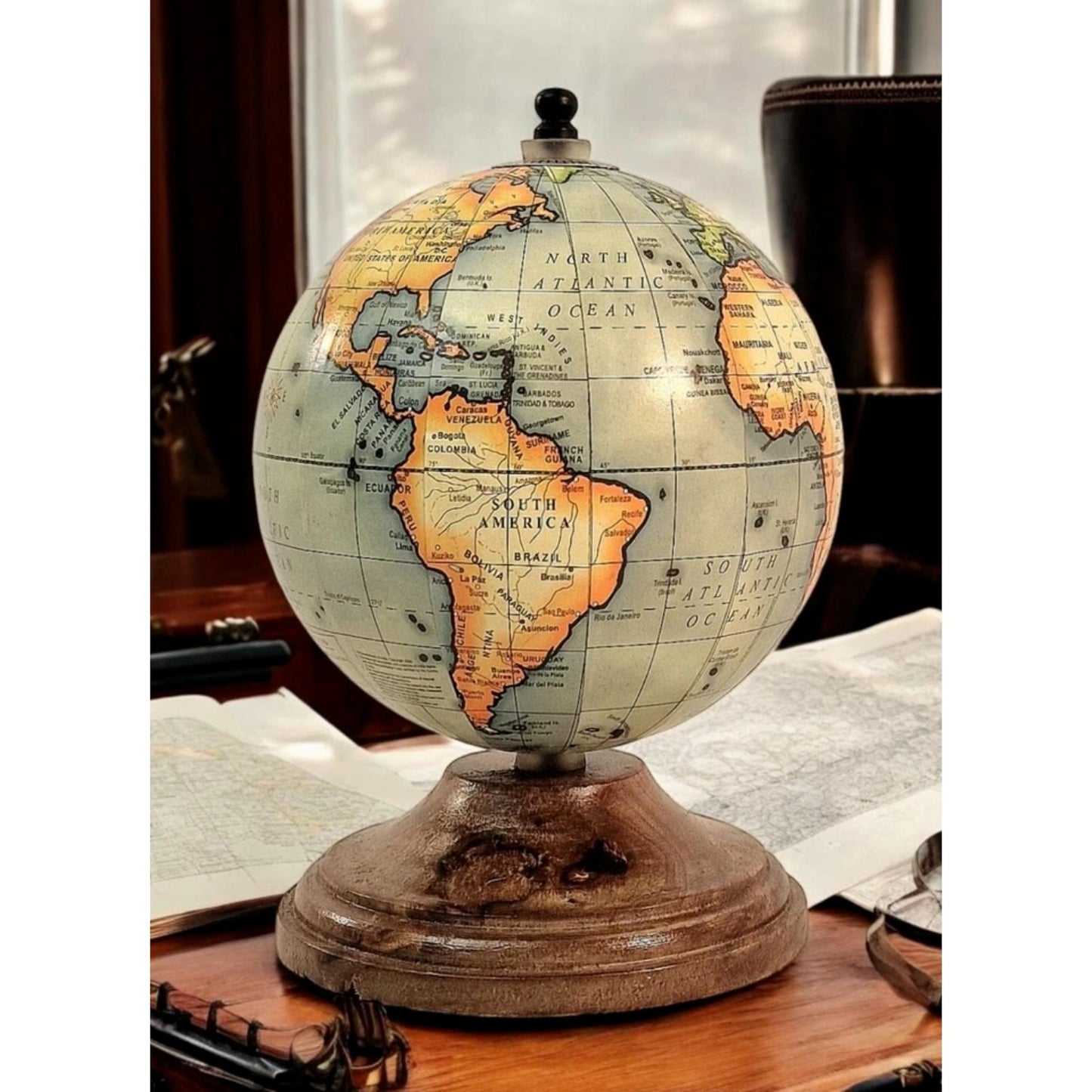 Desk World Globe Rustic Mango Wood Stand Vintage Retro Tabletop Home Office Desk