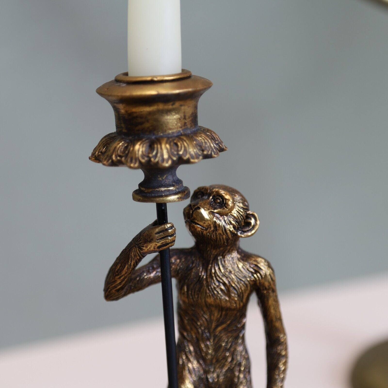 24cm Antique Copper Resin Monkey Tapered Candle Stick Holder Animal Statue