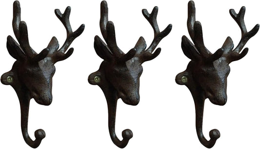 3Pc Cast Iron Brown Stag Head Wall Single Hook Rack Coat Key Utility Storage