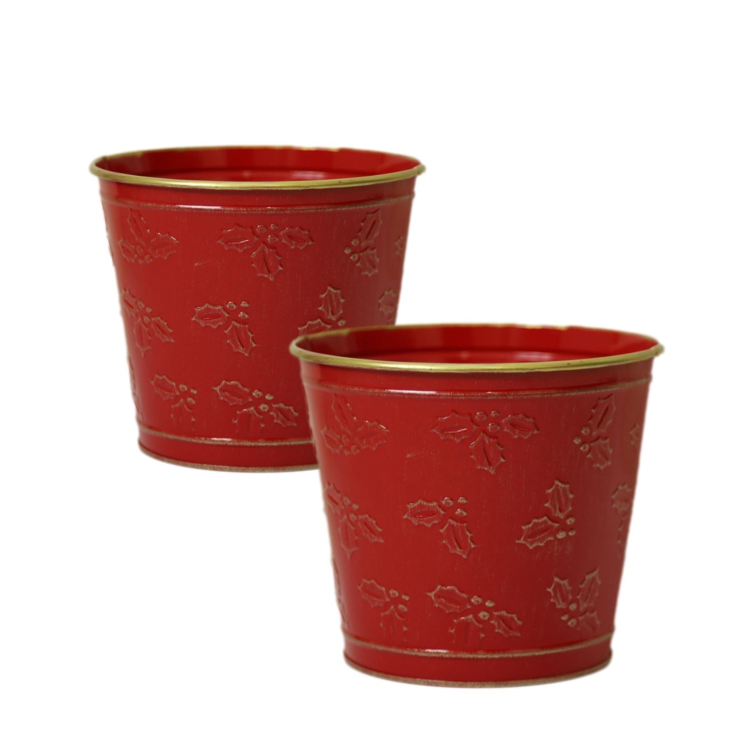 Metal Red Plant Pot 18cm Holly Embossed Christmas Planter Gold Rim Xmas Festive