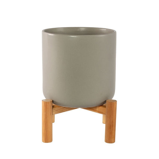 Grey Ceramic Planter 14cm with Wooden Stand Indoor Plant Flower Pot Cover Home