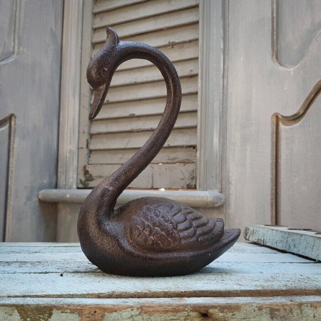 Cast Iron Brown Swan Ornament Garden Outdoor or Indoor Sculpture Decor