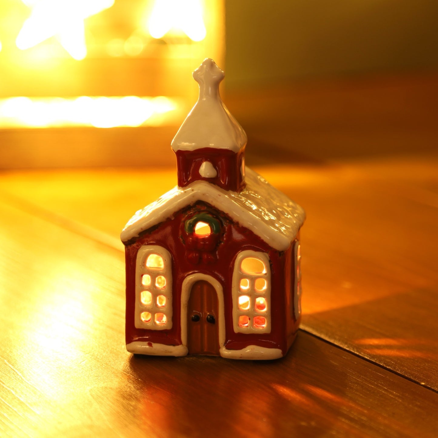 Ceramic Christmas Church Tealight Holder Cottage Village Scene Ornament Xmas
