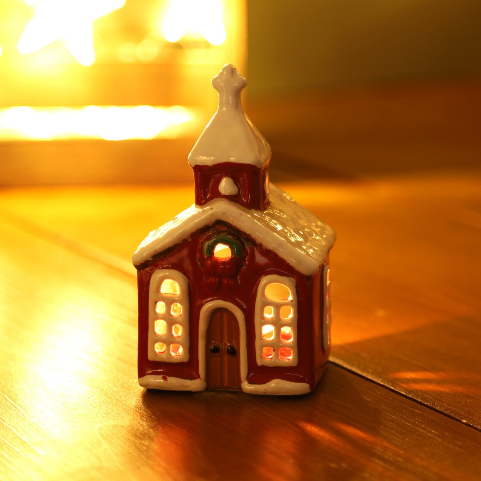 Ceramic Christmas Church Tealight Holder Cottage Village Scene Ornament Xmas