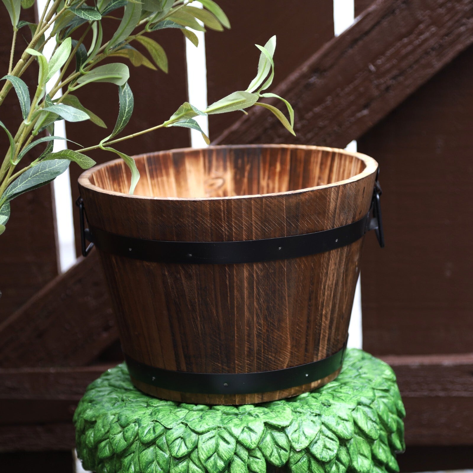 Round Wooden Barrel Planter 24cm Garden Pot with Metal Handles Band Outdoor Tub