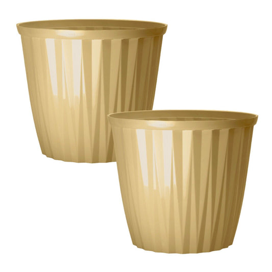 2Pc Round Plastic Yellow Plant Pot 30cm Outdoor 11L Garden Planter Glossy Effect