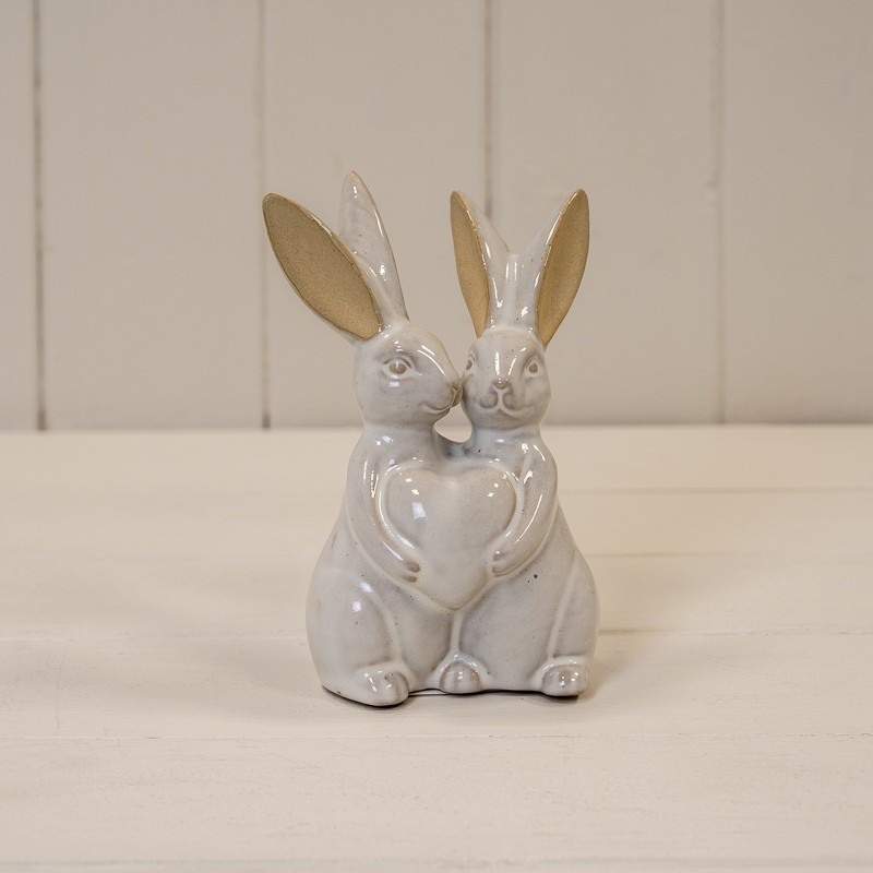 Glazed Beige Ceramic Rabbits Ornament Kissing Figurine Long Ears Heart Sculpture
