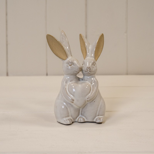Glazed Beige Ceramic Rabbits Ornament Kissing Figurine Long Ears Heart Sculpture