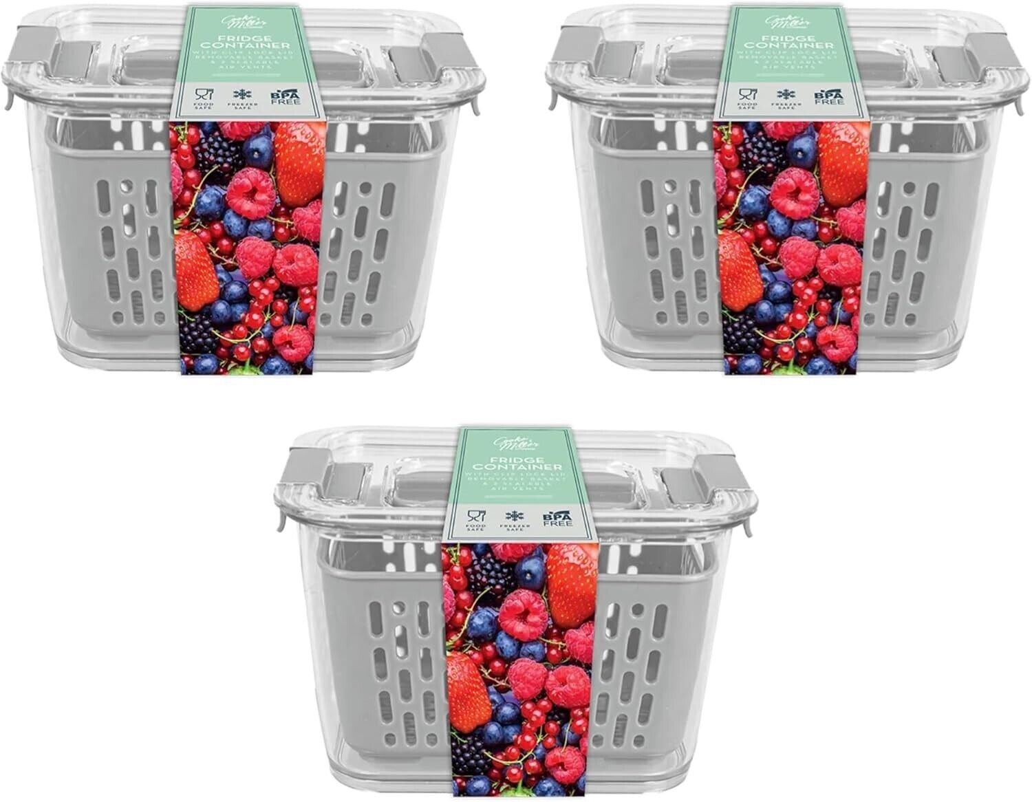 3Pc Fridge Container with Removeable Basket Fruit Vegetable Storage BPA Free