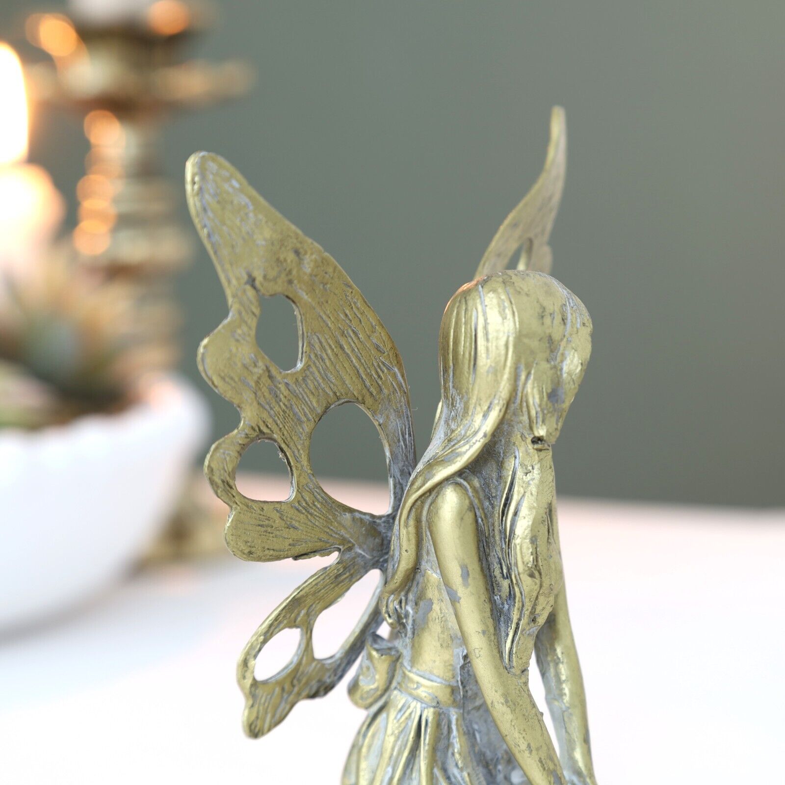 Antique Resin Fairy with Metal Wings Statue Sitting Garden Home Decor Ornament