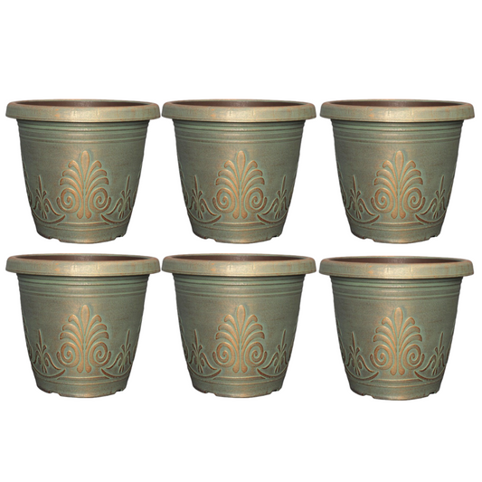 1.9L Copper Green Plastic Plant Pot 16cm Metallic Round Garden Planter Set of 6
