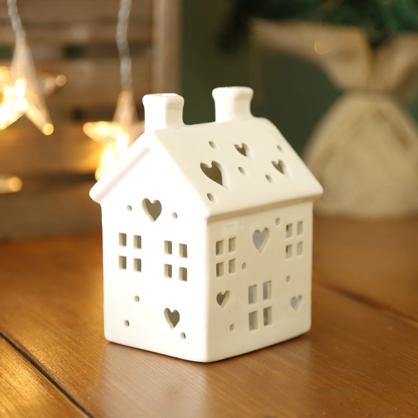 LED House Ceramic Hut Set Small Medium Pair White Village Scene Heart Cut Decor