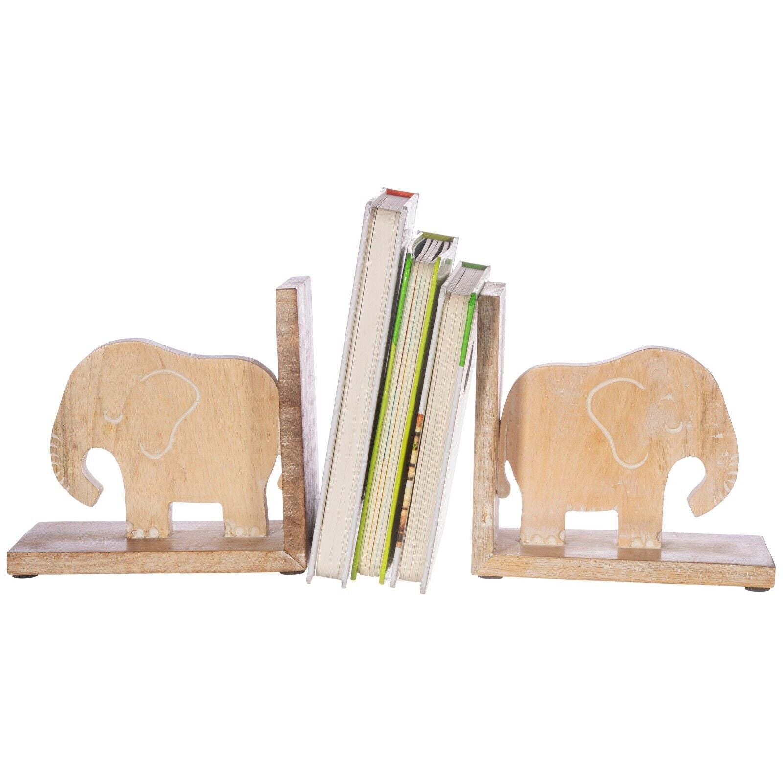 Elephant Wooden Hand Carved Bookends Animal Jungle Theme Nursery Decor Book Ends