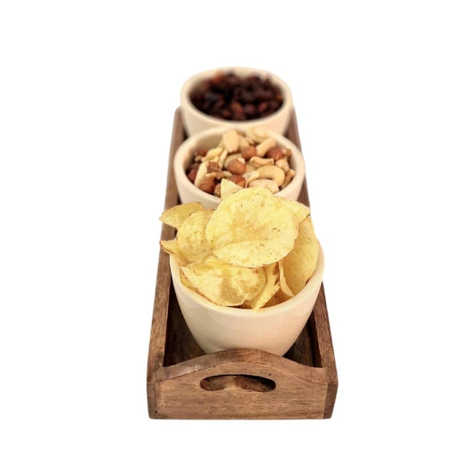 3Pc Ceramic Beige Snack/Nibble Bowls with Mango Wood Tray Kitchen Serving Dish