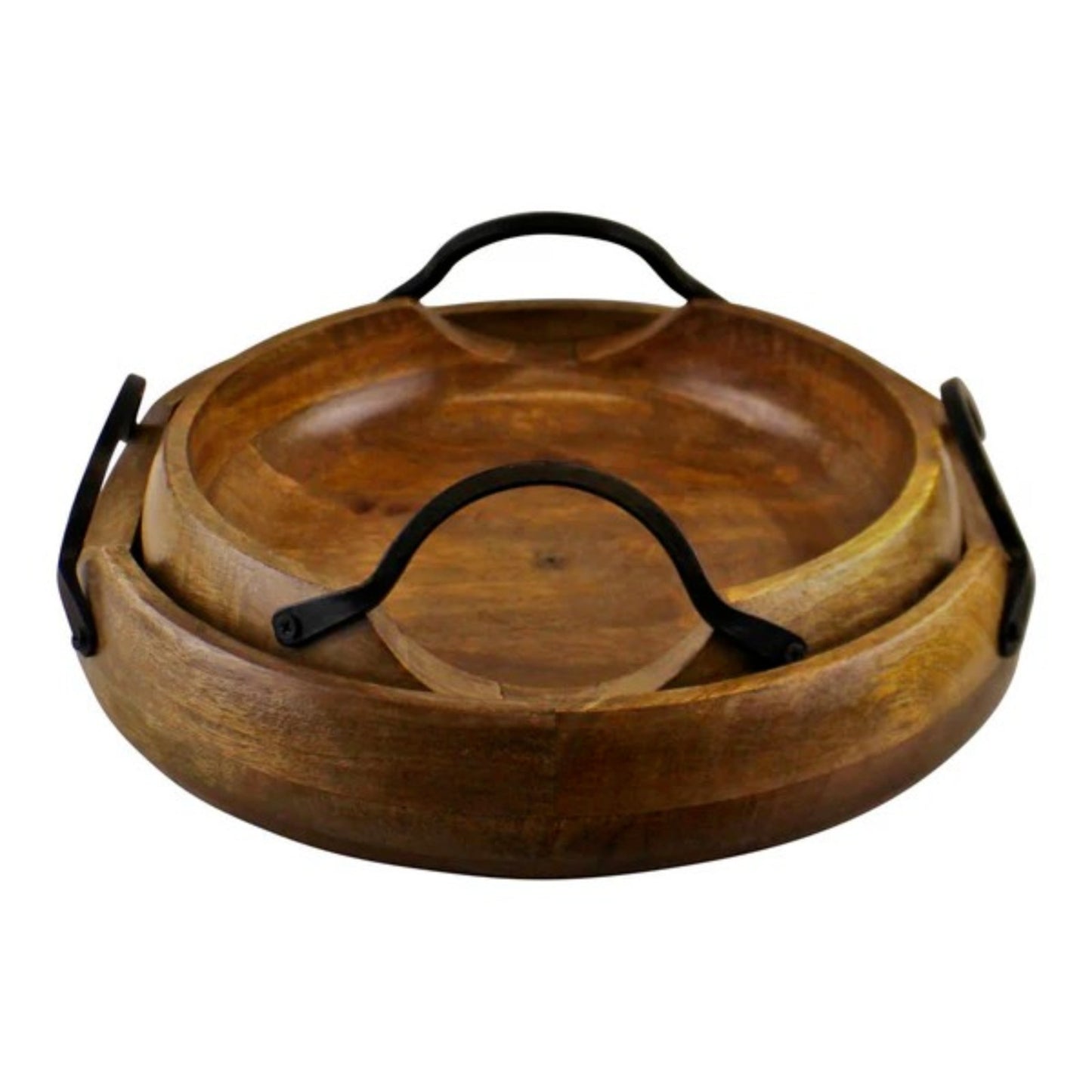 2Pc Wooden Display Bowls Mango Wood Bowls With Metal Handles Fruit Trinket Bowl