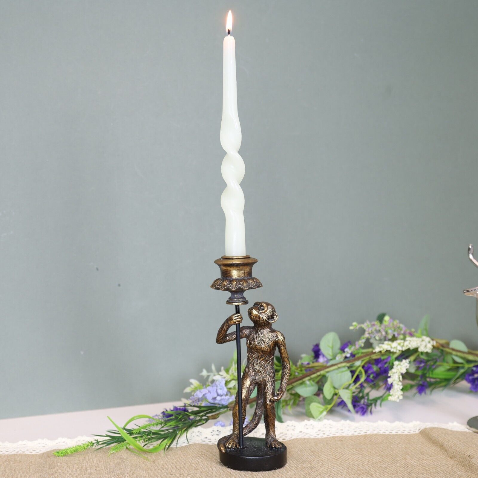 24cm Antique Copper Resin Monkey Tapered Candle Stick Holder Animal Statue