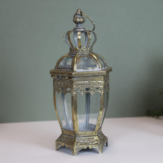 Gold Tealight Vintage Candle Metal Hanging Lantern Hexagonal Pillar Glass Decor