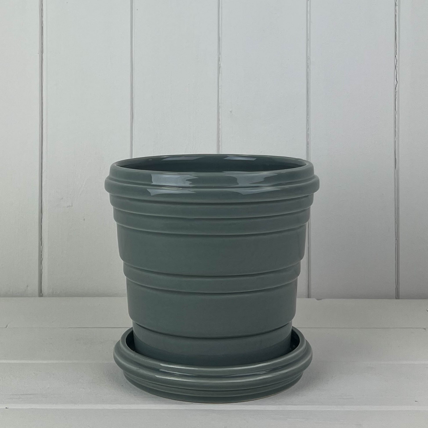 Grey Ceramic Plant Pot & Saucer 16cm Pot Ribbed Indoor Glazed Planter Decor