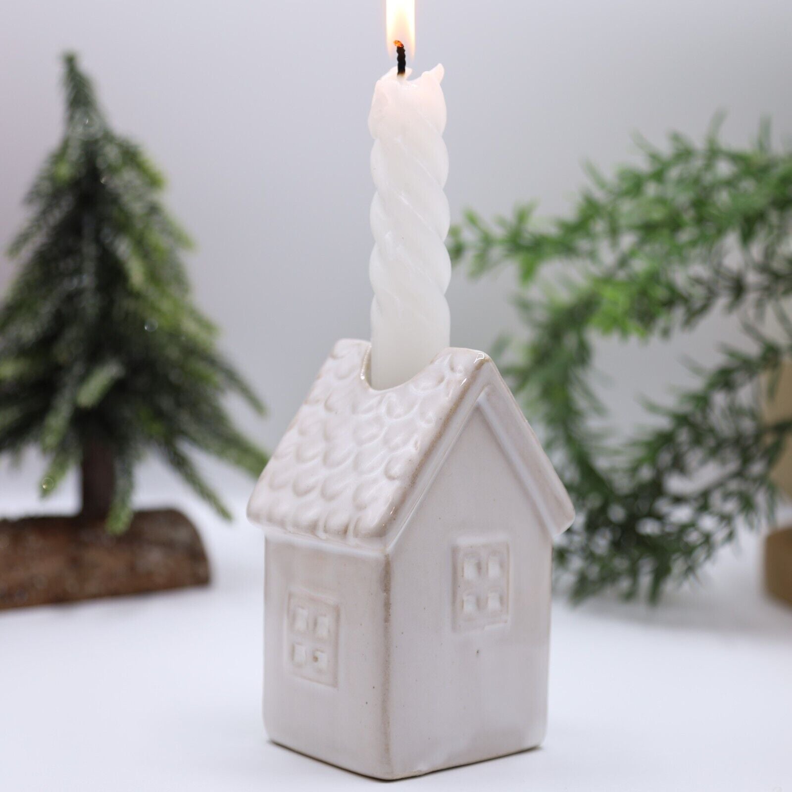 Beige Ceramic Candle Holder Country House Village Scene 9.5cm Ornament Decor