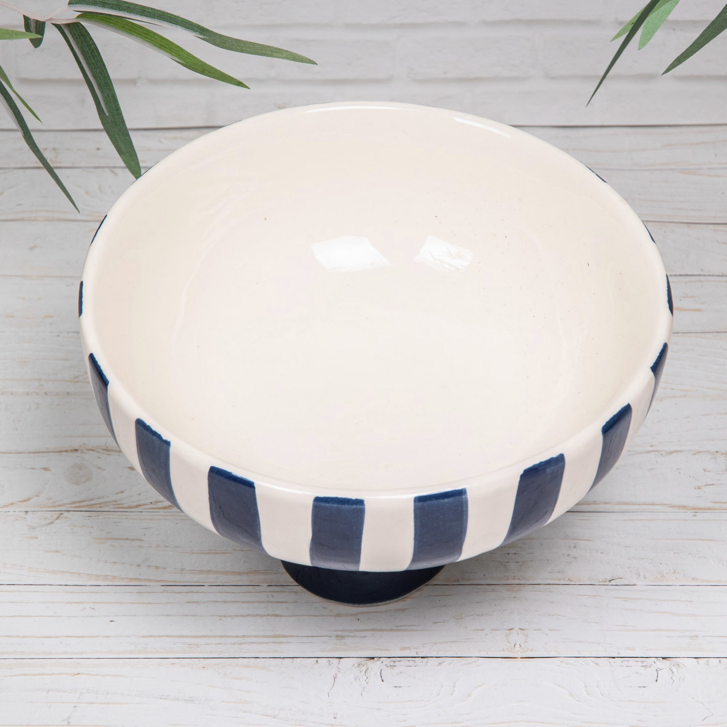 Ceramic Fruit Bowl Blue White Glazed Pedestal Dish Salad Serving Bowl Kitchen
