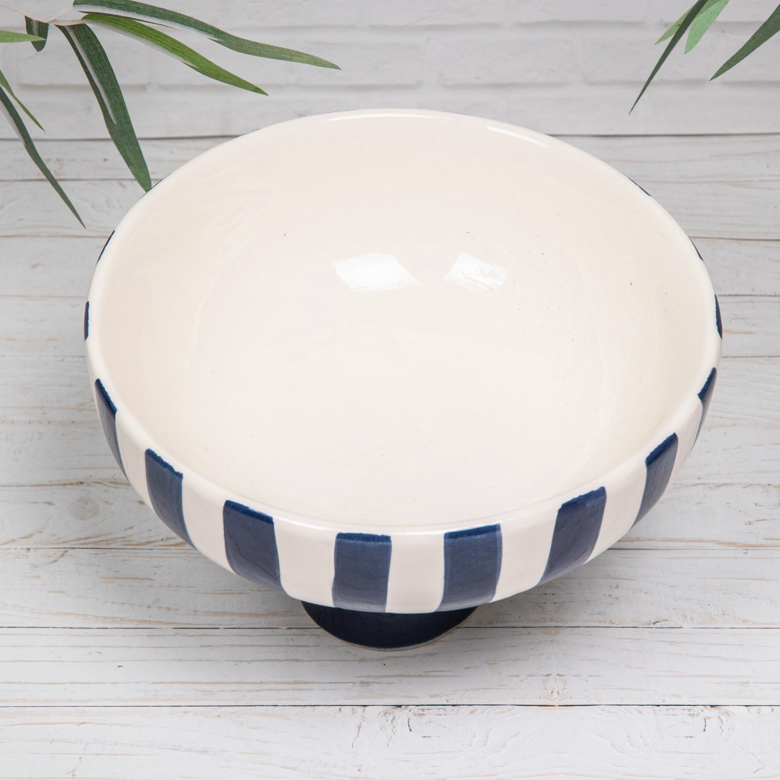 Ceramic Fruit Bowl Blue White Glazed Pedestal Dish Salad Serving Bowl Kitchen