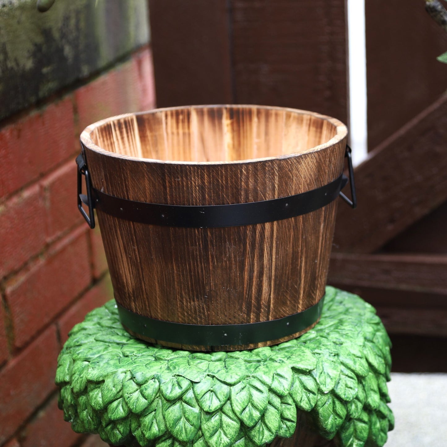 Round Wooden Barrel Planter 28cm Garden Pot with Metal Handles Band Outdoor Tub
