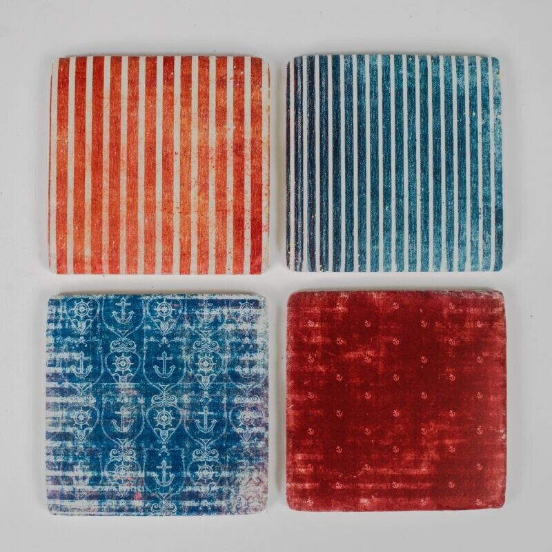 Ceramic Coasters Set of 4 Striped Nautical Cork Backed Coasters Table Mats