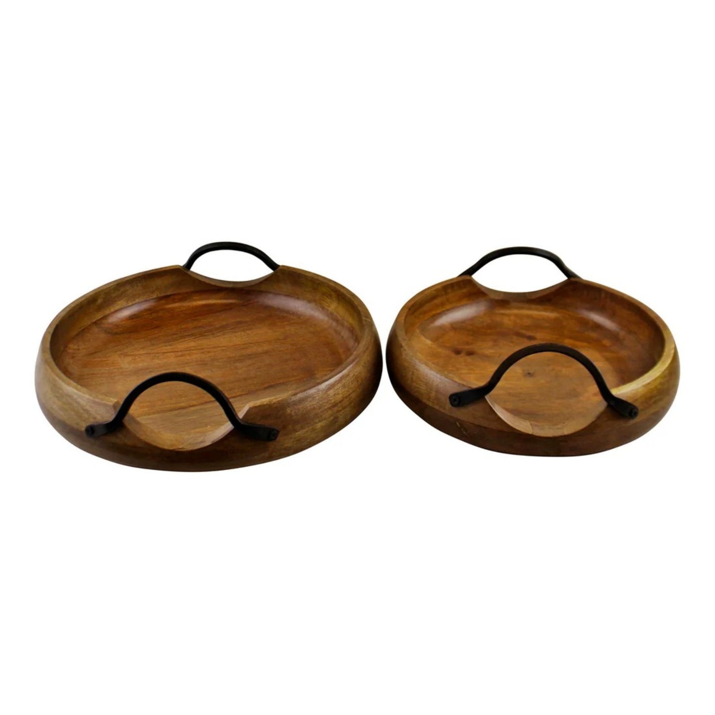 2Pc Wooden Display Bowls Mango Wood Bowls With Metal Handles Fruit Trinket Bowl