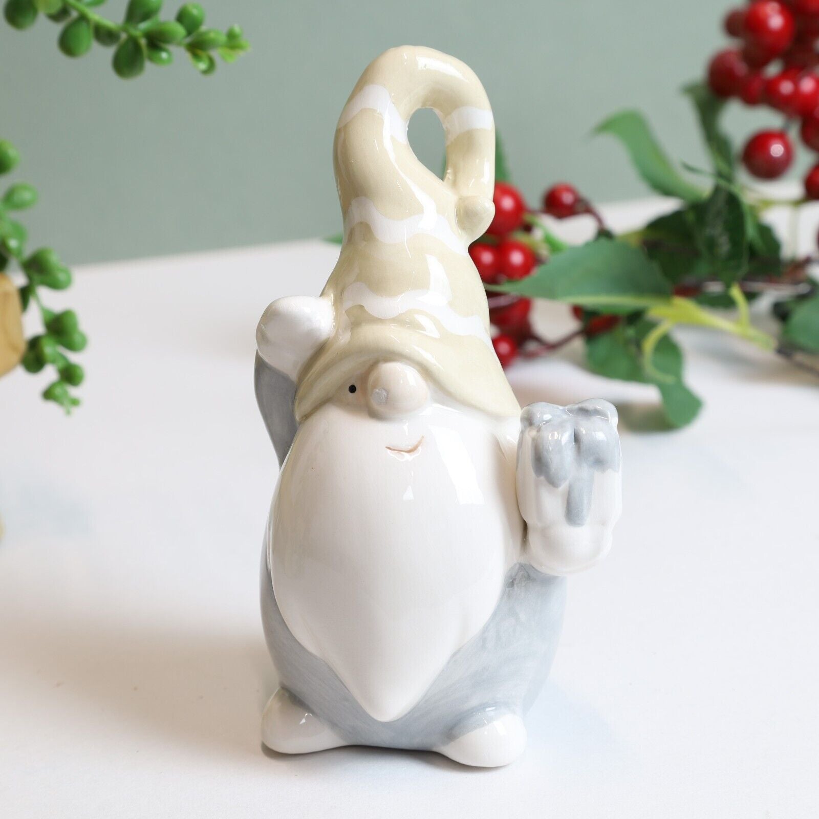 12cm Beige Ceramic Gonk Gnome Holding Gift Nordic Xmas Decor Christmas Gift