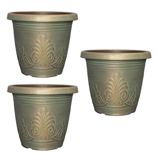 1.9L Copper Green Plastic Plant Pot 16cm Metallic Round Garden Planter Set of 3