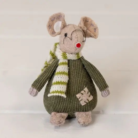 Fabric Fat Felt Mouse With Green Jumper Stripey Scarf Xmas Shelf Sitter Ornament